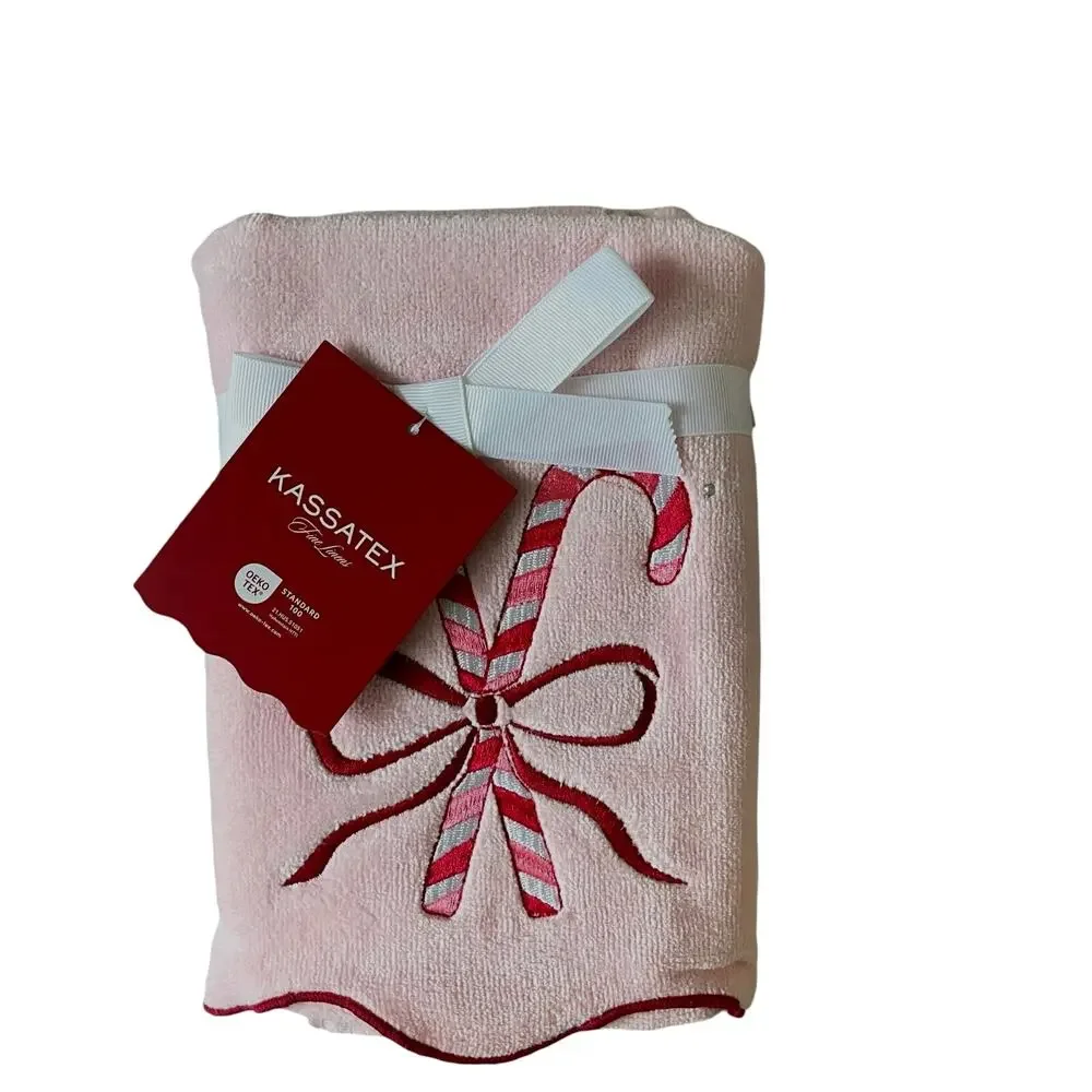 2pc Kassatex Christmas Hand Towels Candy Cane with Bow Cotton Holiday Pink NEW